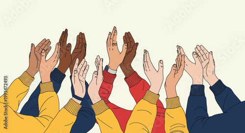 Diverse hands raised in celebration together.