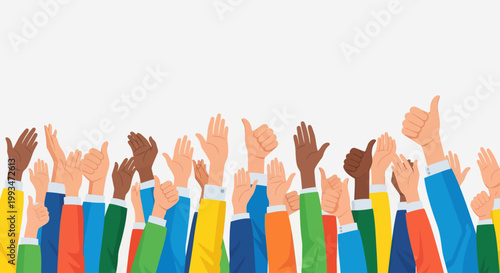 Diverse hands raised in agreement.