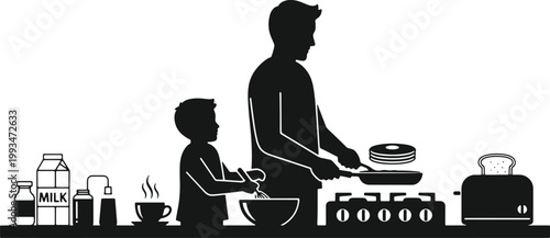 Father and son cooking breakfast together at kitchen stove with pancakes and toaster.