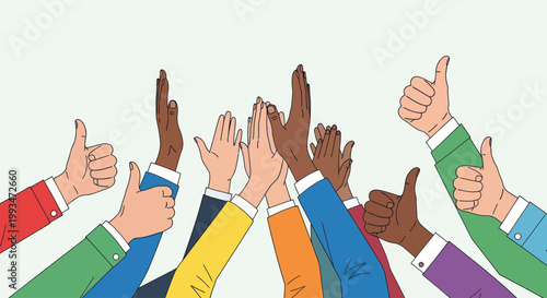 Diverse hands giving thumbs up gesture.