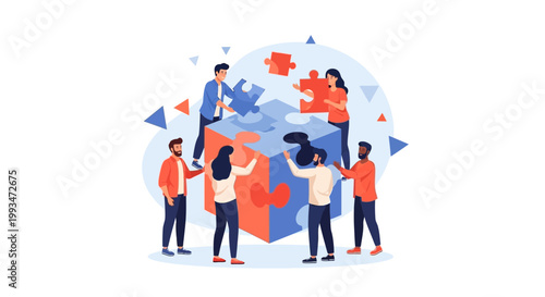 Teamwork assembling a giant puzzle cube, collaboration and problem solving concept