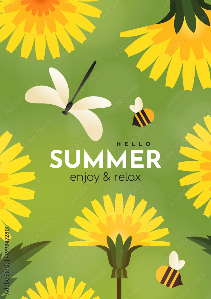 Naklejka premium Summer flat poster with dandelions, dragonfly and bee