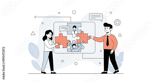 Teamwork puzzle concept: business people collaborate to solve problems and build success