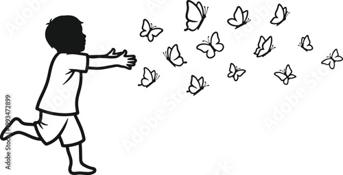 Boy chasing butterflies in a field, freedom and childhood joy, summer day.