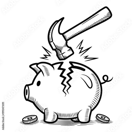 A hammer shatters a piggy bank symbolizing financial hardship or investment risk