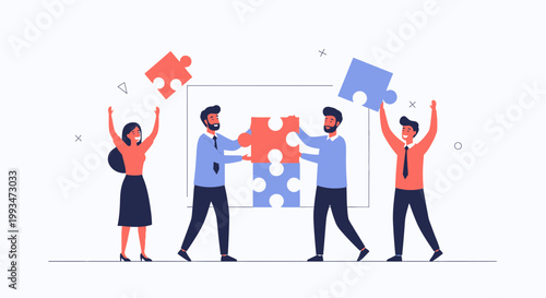 Teamwork puzzle pieces business people collaboration strategy success solution concept illustration
