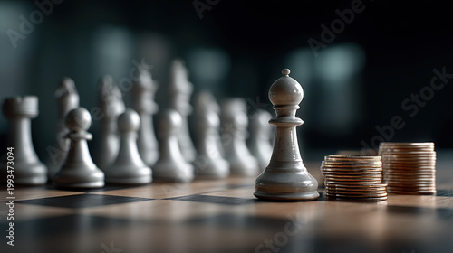 Chess piece coin strategy investment growth finance planning success business concept. Chess piece and stacked coins symbolize investment strategy