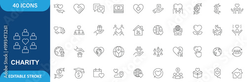 Charity Icon Set. Containing Care, Helping, Donation, Volunteer, Support, Elderly, Homeless, Animals, Community, Humanity and More. Editable Stroke. Vector Illustration
