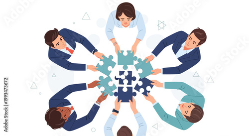 Teamwork puzzle collaboration business people connecting puzzle pieces top view