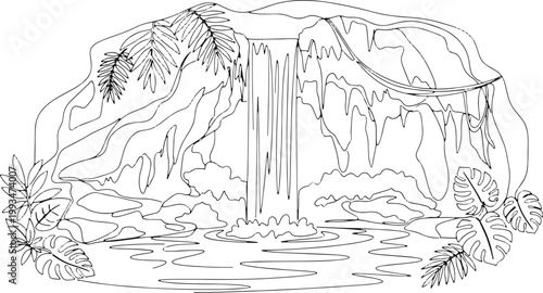 Jungle waterfall with lush foliage, tropical cave, and calm water, serene natural landscape.