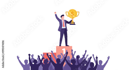 Businessman Celebrating Victory with Trophy on Winner's Podium