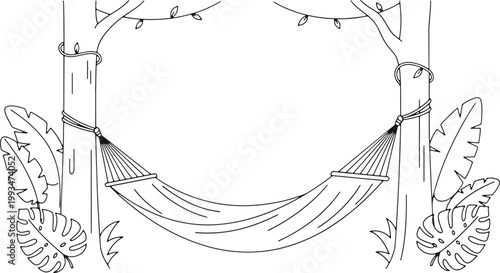 Hammock strung between trees with tropical leaves, relaxing outdoor leisure setting.