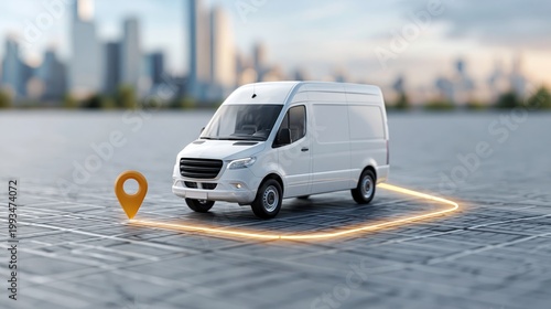 White delivery van on a detailed street map with a glowing navigation route