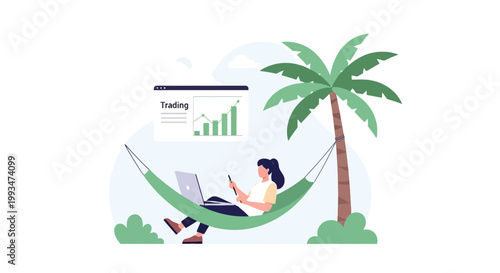 Businesswoman Relaxing in Hammock with Trading Chart and Palm Tree