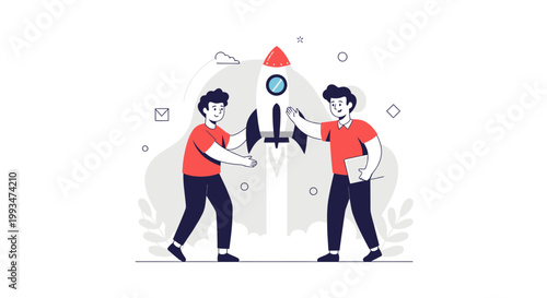 Two businessmen launching a rocket, startup concept, teamwork, business growth, innovation