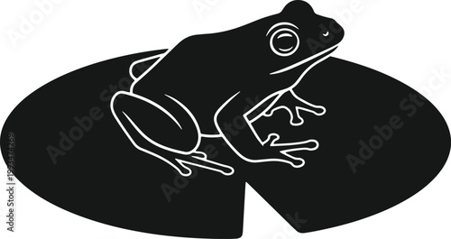 Frog sitting on lily pad silhouette Vector illustration black and white.