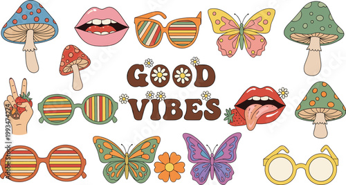 Retro groovy good vibes sticker collection featuring mushroom butterfly sunglasses lips peace hand flower and tongue flat style vector illustration set