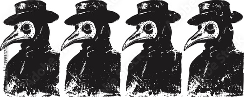Repeating pattern of vintage plague doctor masks in black and white