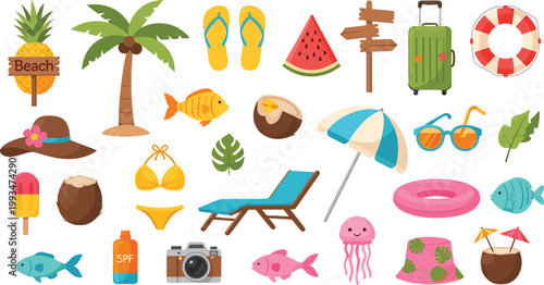 Tropical summer beach vacation collection featuring palm tree coconut watermelon fish bikini sunglasses umbrella and travel items vector illustration set