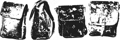Set of four vintage leather pouches with flap closures, worn texture, and distinct shapes