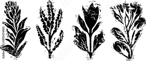 black botanical leaf silhouettes on white background with detailed natural textures