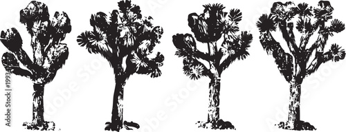 Four vintage joshua trees silhouettes isolated on white background desert plants vector illustration