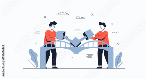 Two men building a bridge, teamwork, collaboration, connection, business concept illustration