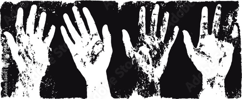 Raised hands in black and white grunge art symbolizing unity, protest, or support