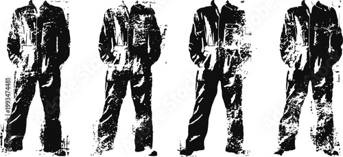 set of vintage black and white men's jumpsuits with various pocket designs and front closures