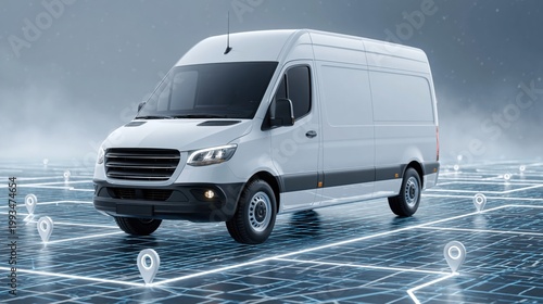 White delivery van navigates a glowing digital map with location pins