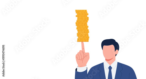 Professional businessman holding a stack of gold coins for wealth and success