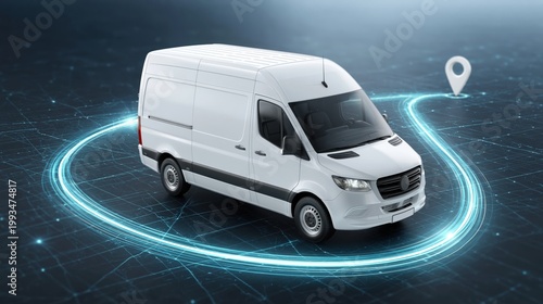 White delivery van navigating a glowing digital map with a route marker