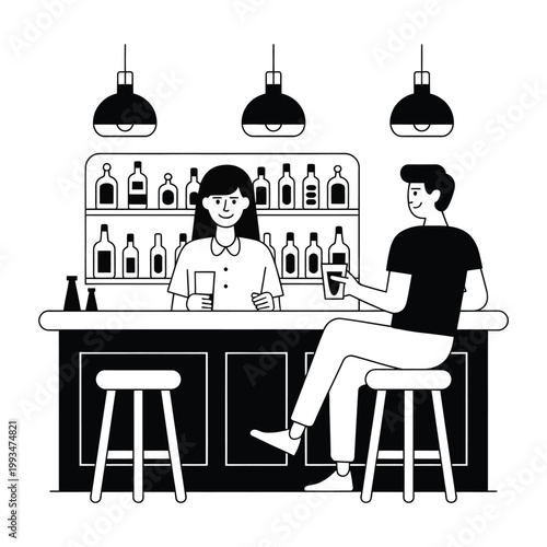 A couple enjoys drinks at a bar with a bartender serving them
