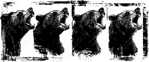 roaring bear head silhouette repetition in black and white grunge