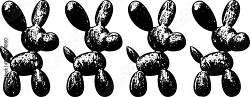 Four black textured balloon dog sculptures in a row, pop art modern decorative figures
