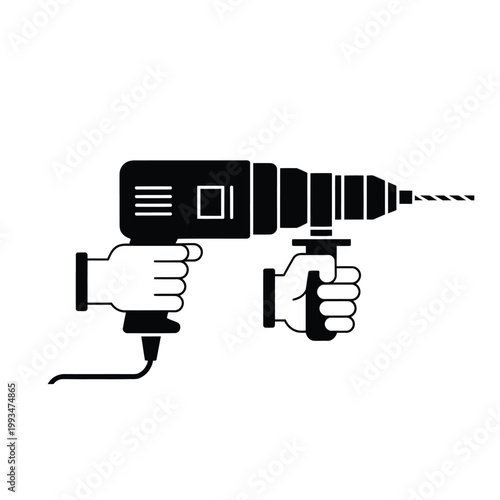 A black and white illustration of a hand drill being held