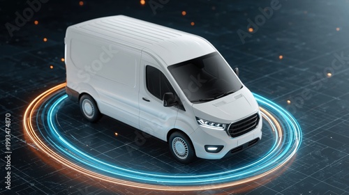 White delivery van on a digital map with glowing route and futuristic lights