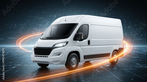 White last-mile delivery van on a digital map with glowing route
