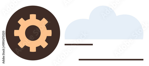 Cloud computing, data storage, system integration, digital solutions, software operations, technical processes. Gear symbol next to a cloud icon. Cloud computing and data storage concept