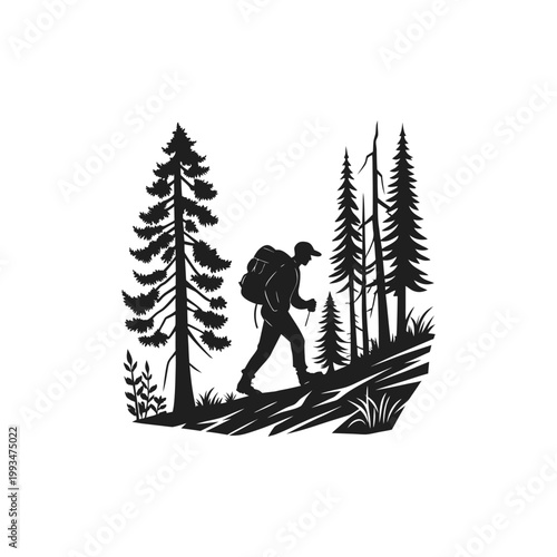 Black silhouette of a hiker walking along a forest trail isolated on white background nature adventure concept