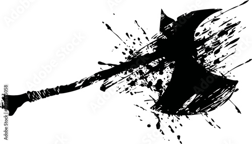 Black grunge axe silhouette with paint splatter background, rustic weapon design, vintage