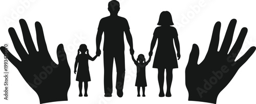 Family silhouette surrounded by large hands, concept of protection.