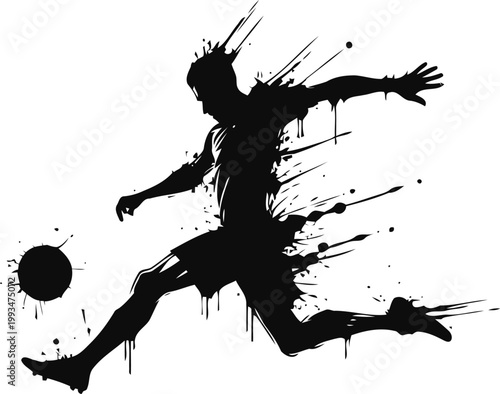soccer player silhouette kicking ball with dynamic paint splash effect and action motion