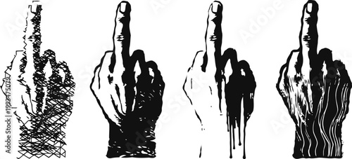 middle finger gesture in ink set hand sketch variations showing offensive sign, rude expression concept
