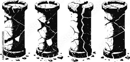 Four cracked stone pillars in different fracture patterns isolated on white background