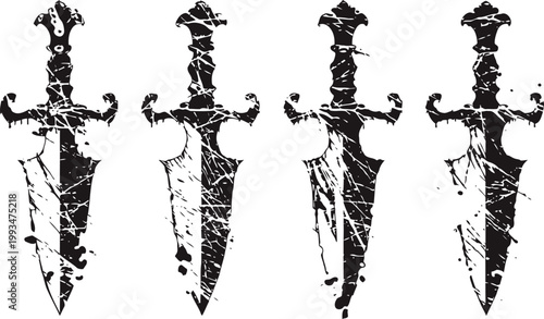 grunge daggers set four vintage medieval knives with detailed handles and weathered blades weaponry design elements