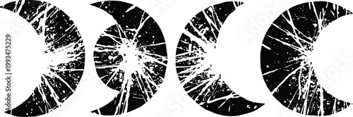 Phases of the moon with grunge texture crescent to full moon cycle illustration in black and white