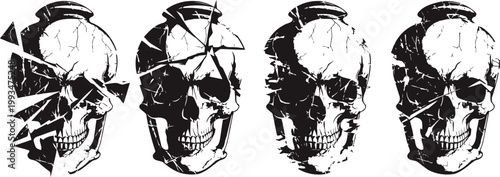 sequential illustration of a fragmented human skull breaking and reassembling concept art