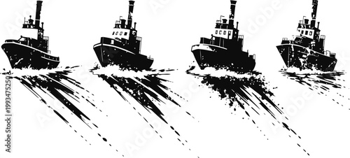 black silhouette tugboats moving forward in water with dynamic splash trails