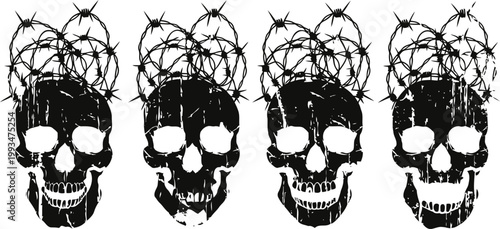 Four black skulls with barbed wire crowns in row gothic horror vibe, dark death theme